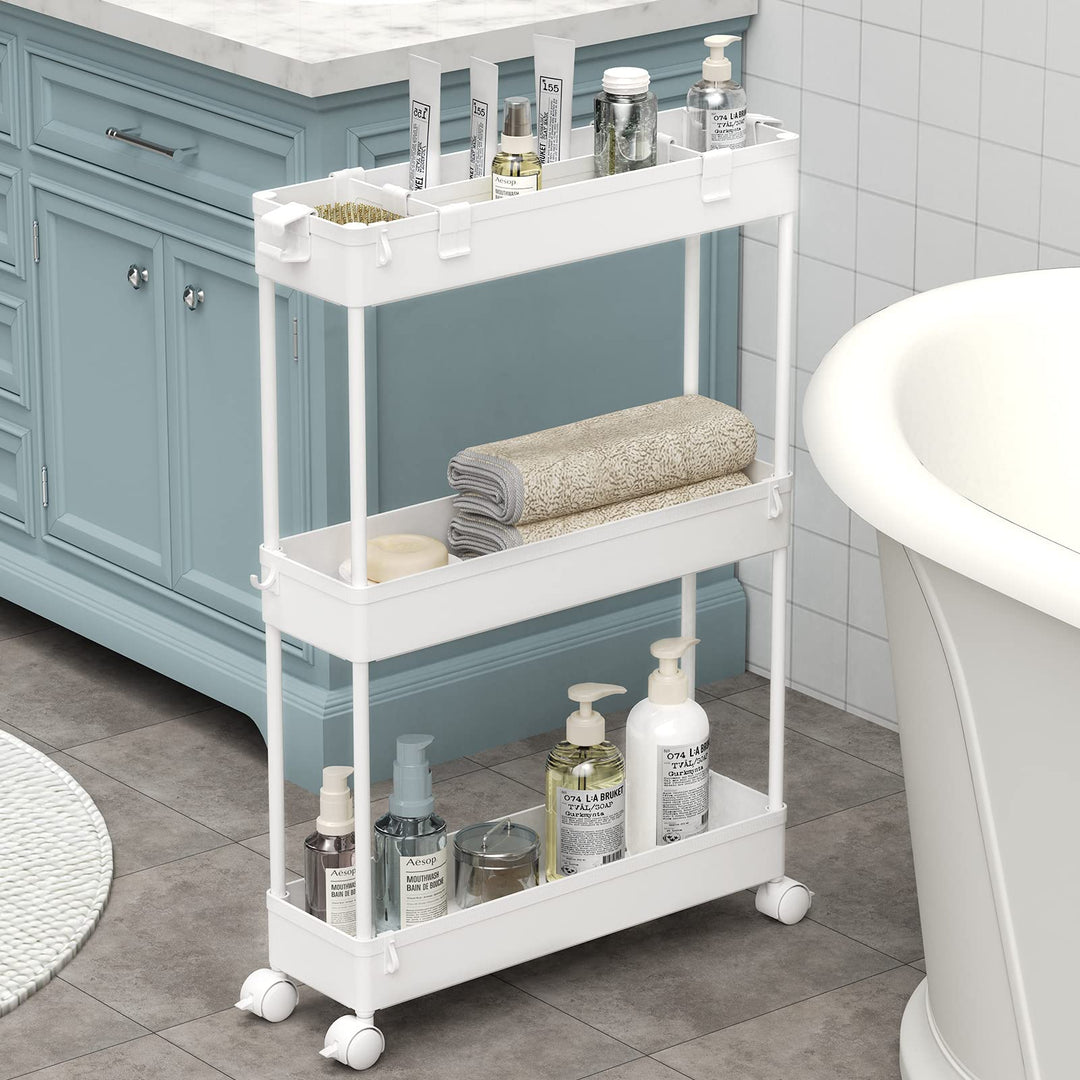 Slim Storage Cart,3 Tier Bathroom Rolling Utility Cart Slide Out Cart, Mobile Shelving Unit Organizer Trolley for Office Bathroom Kitchen Laundry Room Narrow Places, White