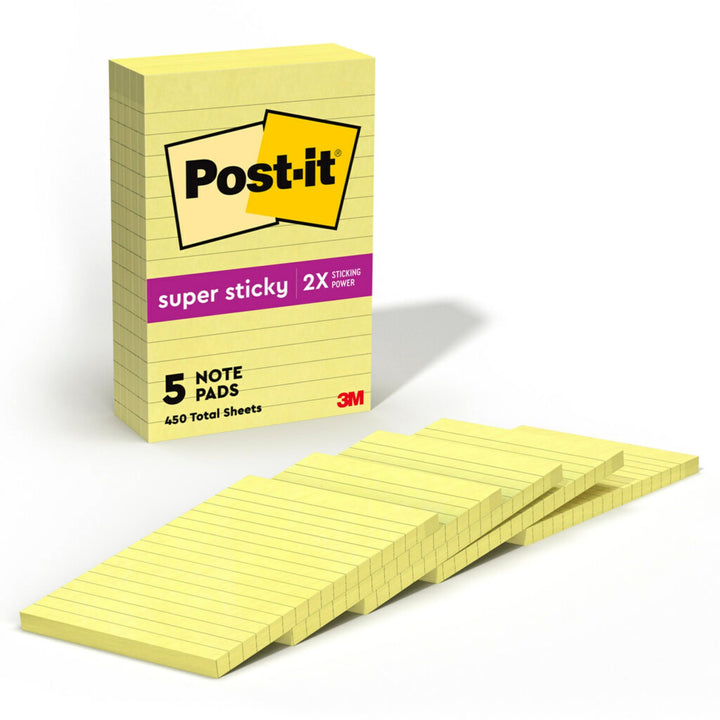 Super Sticky Notes, 4x6 inches, 5 Pads, 2x the Sticking Power, Canary Yellow, Recyclable