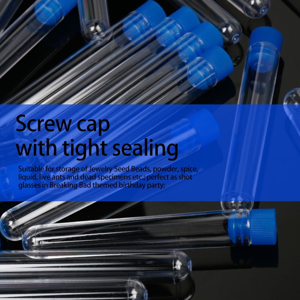 50 Pack Clear Plastic Test Tubes with Blue Caps, 13×78mm, Great for Halloween Party