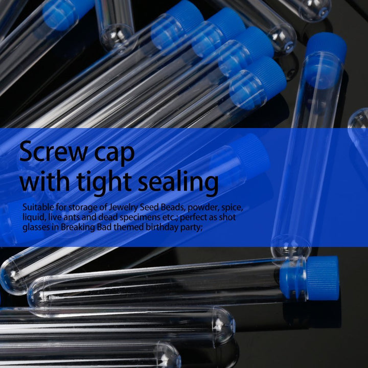 50 Pack Clear Plastic Test Tubes with Blue Caps, 13×78mm, Great for Halloween Party