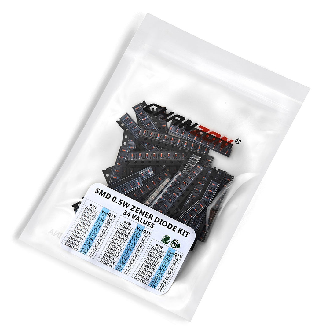 Chanzon 34 Values 0.5W SMD Zener Diode Assorted Kit 2V 2.2V 2.4V 2.7V 3V 3.3V 3.6V 3.9V 4.3V 4.7V 5.1V 5.6V 6.2V 6.8V 7.5V 8.2V 9.1V 10V 11V 12V 13V 15V 16V 18V 20V 22V 24V 27V 30V 33V 36V 39V 43V 47V