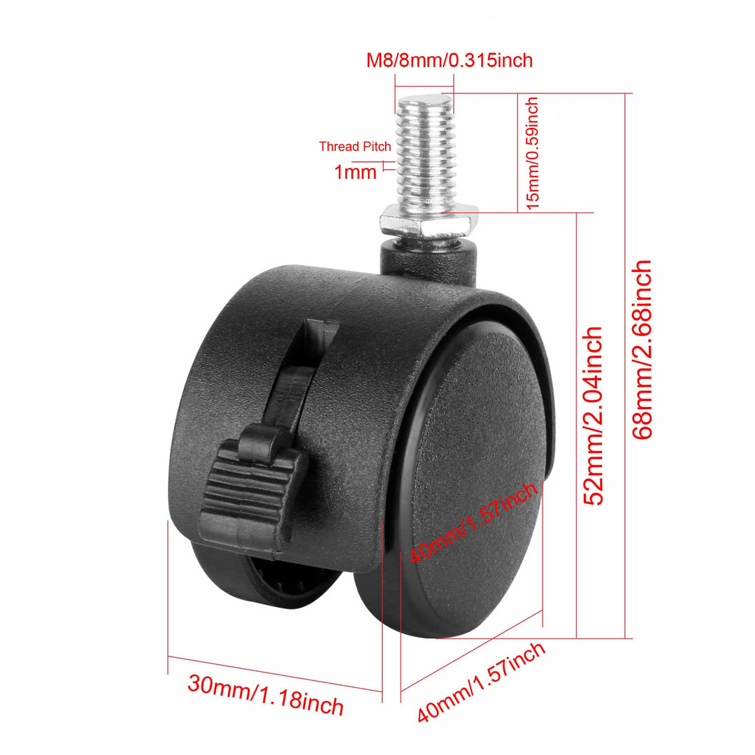 4 Pack 1.5 Inch Swivel Stem Caster Wheels Replacement Casters 1.5'' Furniture Wheel with Locking Brake Metric Threaded Stem M8 Wheels for Table Drawer Plant Shelf Metal Rack Laundry Basket