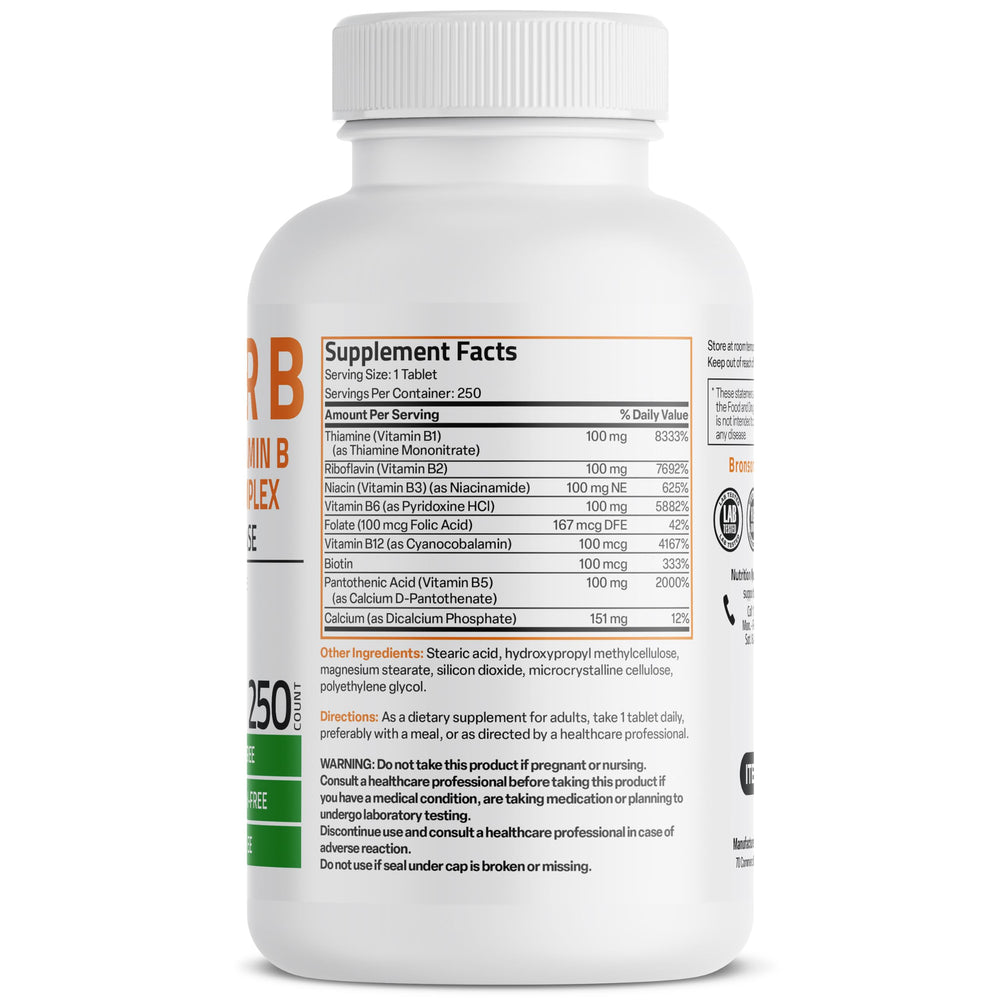 Super B 100 Vitamin B Complex Sustained Release Contains All B Vitamins (Vitamin B1, B2, B3, B6, B9 - Folic Acid, B12) Supports Energy Metabolism & Nervous System Health, Non-GMO, 250 Tablets