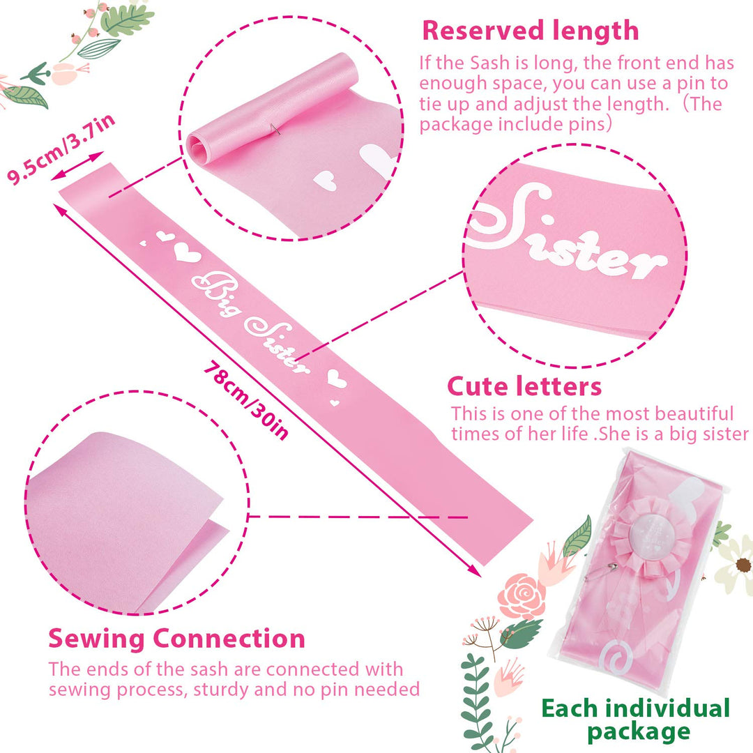 3 Pcs Big Sister Accessory Set Big Sister Flower Crown Satin Sash Pin Big Sister Gifts for Baby Shower Party(Pink)