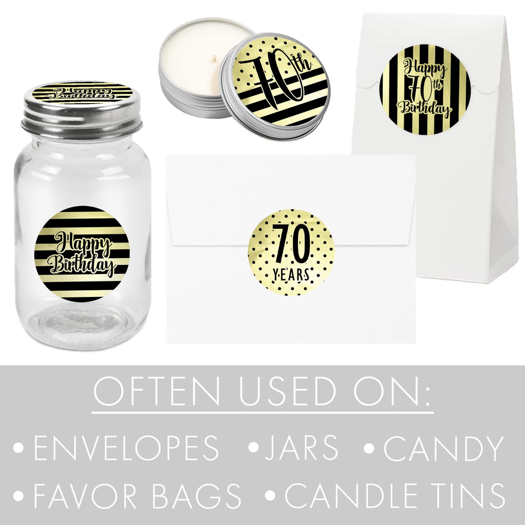 Black and Gold 70th Birthday Favor Stickers, 1.75 in - Shiny Foil - 40 Labels