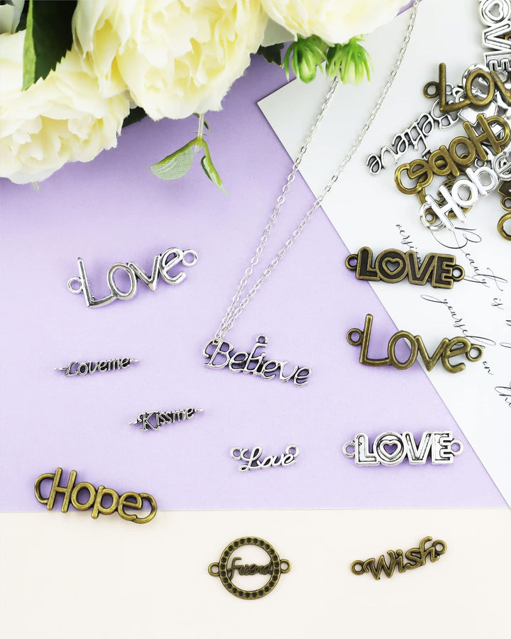 72pcs Mixed Word Letter LOVE HOPE Believe Wish Kissme Connector Link Charms Pendants DIY for Necklace Bracelet Jewelry Making