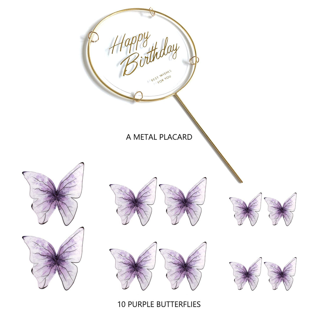 11-Pieces Purple Butterfly Cake Toppers Happy Birthday Metal Gold Happy Birthday Cake Topper Butterfly Birthday Cake Decorations Cake Butterfly Party Decorations