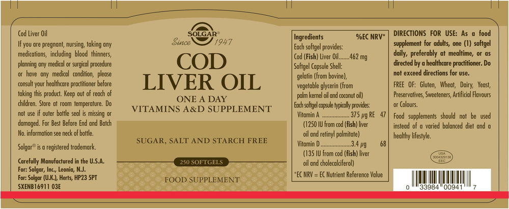 Solgar Cod Liver Oil, 250 Softgels - Supports Healthy Immune System, Healthy Eyes & Vision & Bone Health - Vitamin A & D Supplement -, Gluten Free, Dairy Free - 250 Servings