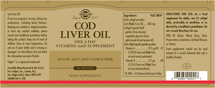 Solgar Cod Liver Oil, 250 Softgels - Supports Healthy Immune System, Healthy Eyes & Vision & Bone Health - Vitamin A & D Supplement -, Gluten Free, Dairy Free - 250 Servings