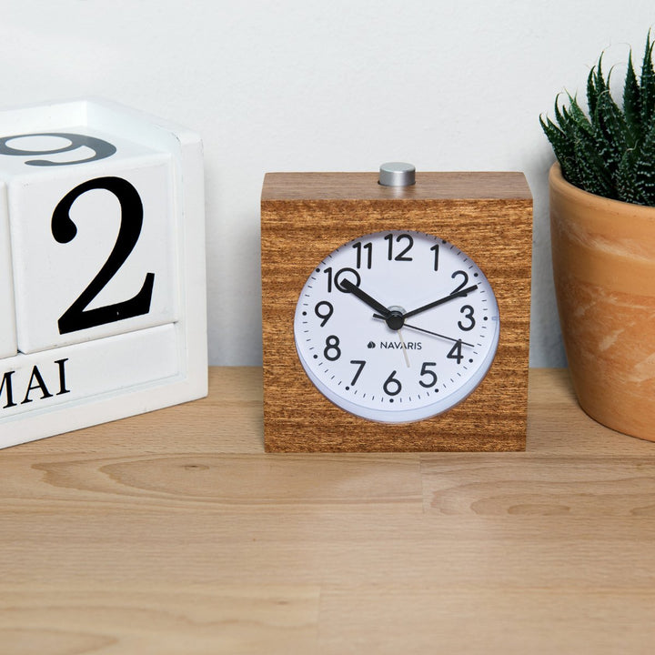 Wood Analog Alarm Clock - Square Battery-Operated Non-Ticking Clock with Snooze Button and Light - Dark Brown