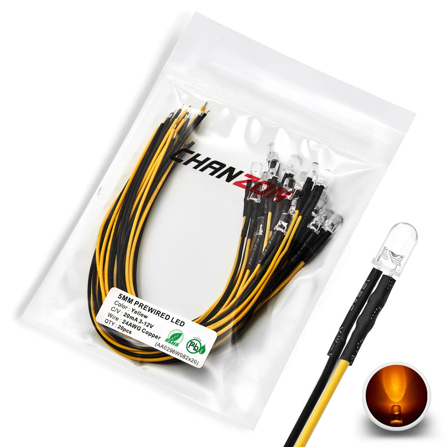 20 pcs Pre-Wired 5mm Yellow LED Diode Lights (Clear Round Transparent Lens DC 12V) with 680 ohms 1/4W Resistor and 24awg Wire Indicator Light Emitting Diodes Lighting Bulb 5mmled