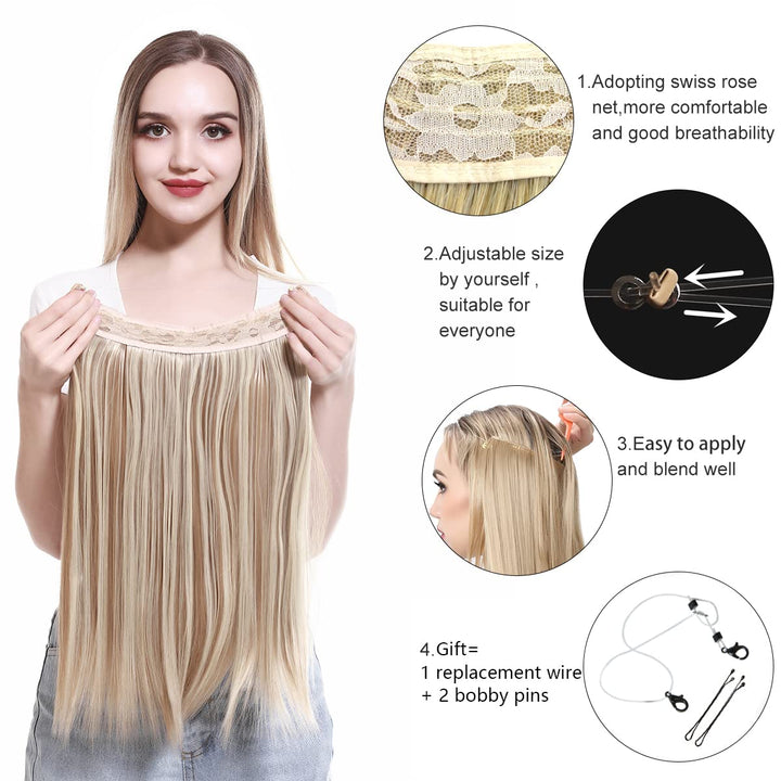 22 Straight Invisible Wire Flip On Hair Extension Synthetic Heat Resistant Fiber Halo Hair Extension M02 (60# White blonde)