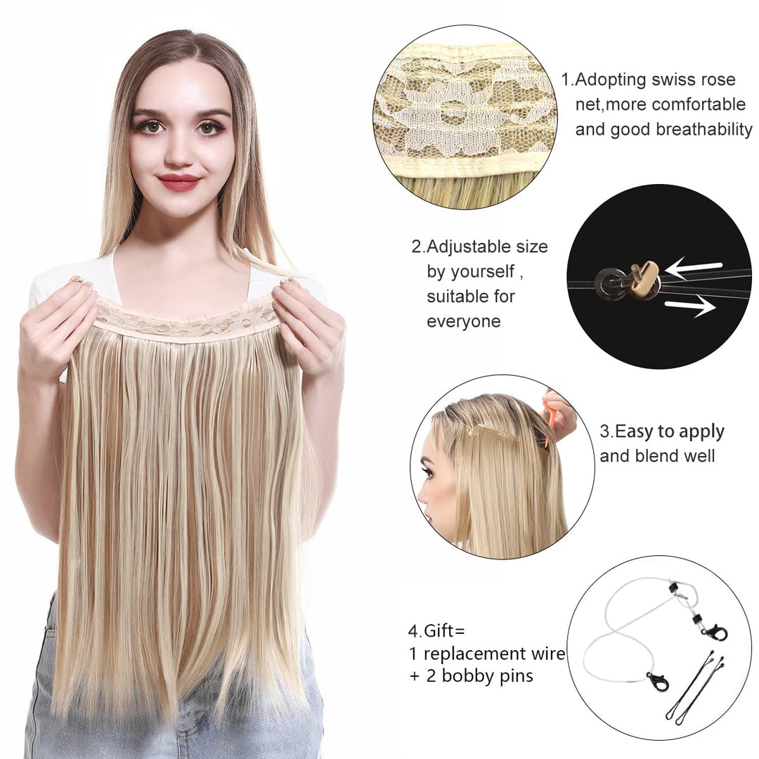 Invisible Wire Hair Extensions Straight Long Synthetic Hairpieces 22 Inch Adjustable Transparent Headband for Women Black Brown