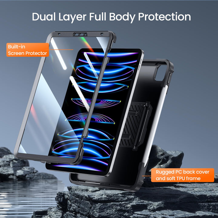 for iPad Pro 11 Case 4th/3rd/2nd Generation 2022/2021/2020 with Pencil Holder, Full Body Protective Rugged Cover with Built-in Screen for iPad Pro 11 Inch iPad Case 4th/3rd/2nd Gen, Black