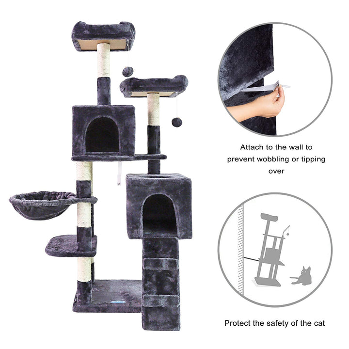 58'' Multi-Level Cat Tree Condo Furniture with Sisal-Covered Scratching Posts, 2 Plush Condos, Hammock for Kittens, Cats and Pets Smokey Gray MPJ013G