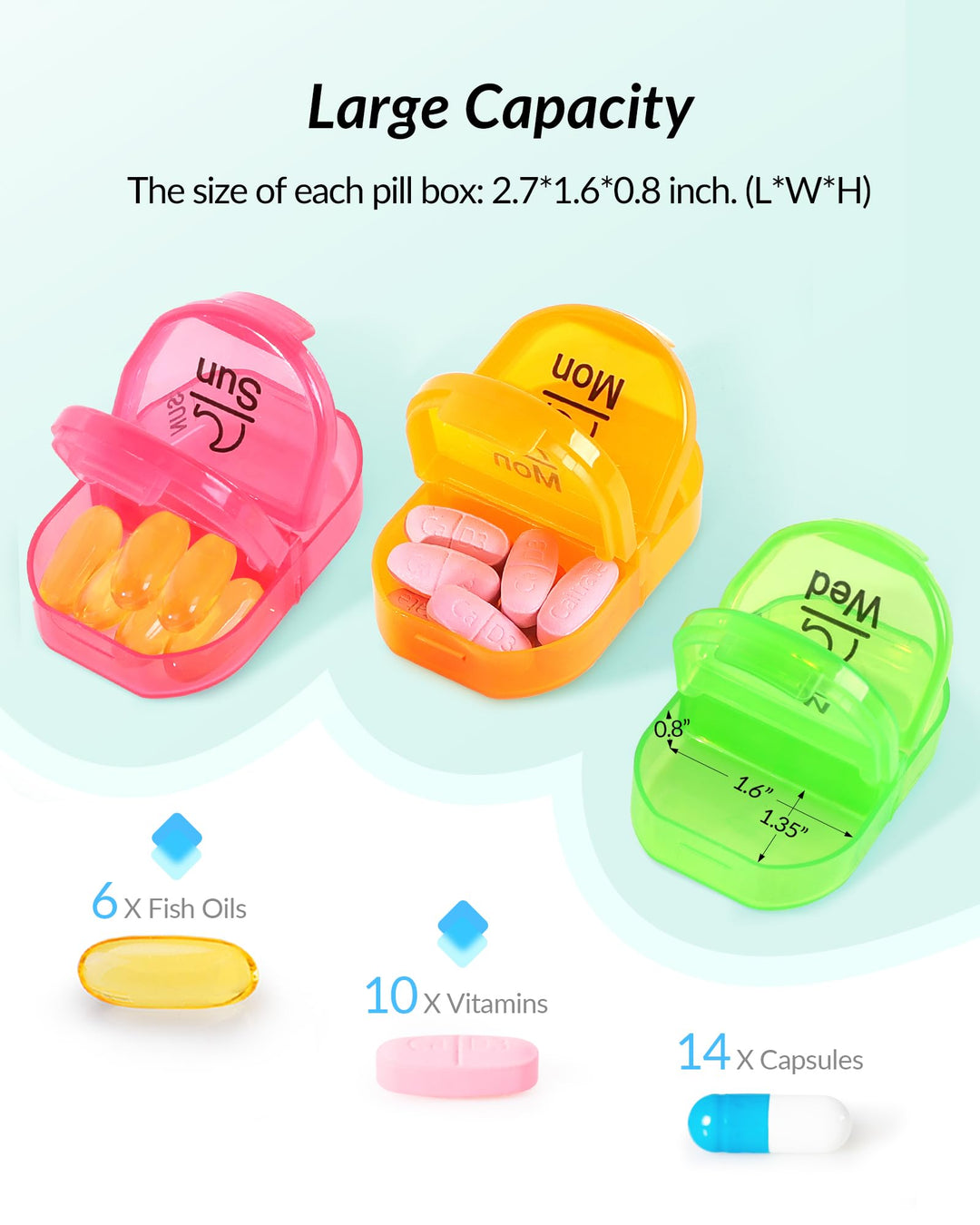 Weekly Pill Organizer 2 Times a Day, AM PM Pill Box with 7 Detachable Pill Case, BPA-Free & Portable 7 Day Pill Organizer with Large Storage to Hold Medication, Vitamins and Fish Oils (Clear)