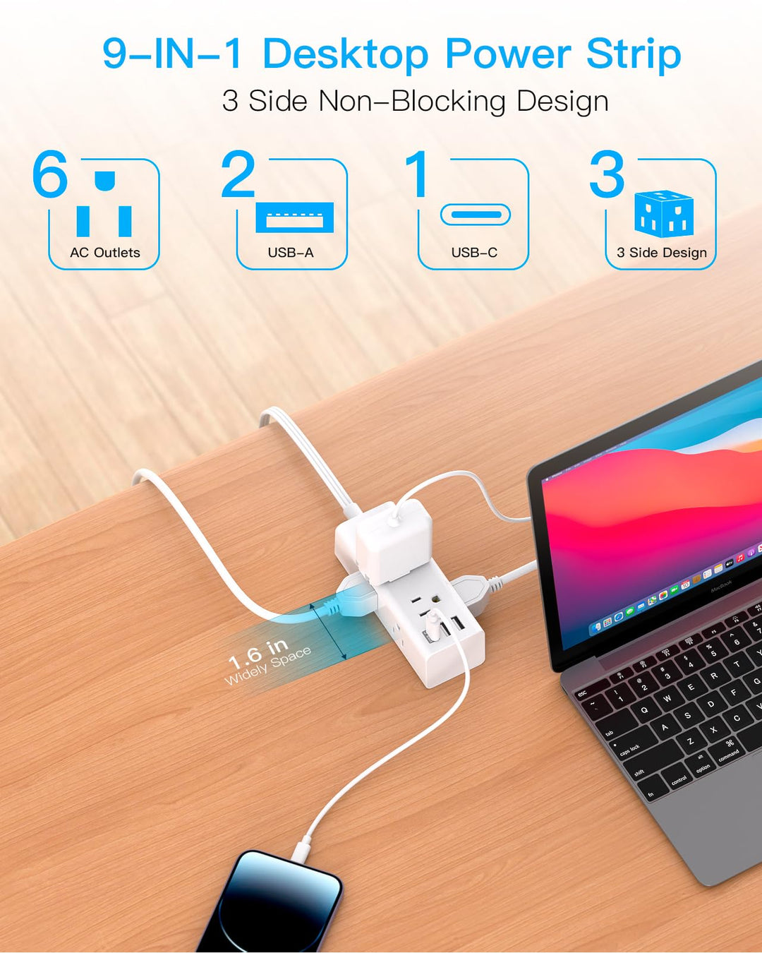 10Ft Extension Cord with Multiple Outlets,Flat Plug Power Strip Surge Protector with 10 Ft Long Cord,6 Outlet 3 USB Ports (1USB C),Multi Outlet Wall Plug for Travel,College,Dorm Essentials