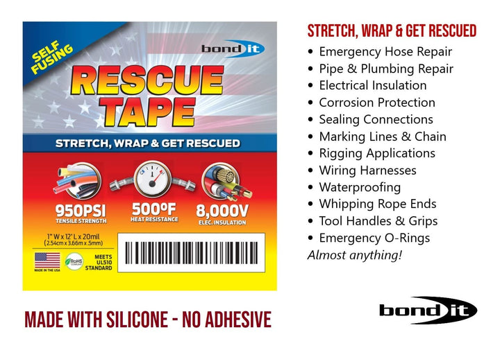 Rescue Tape, Self-Fusing Silicone Tape, Emergency Plumbing Pipe & Radiator Hose Repair, Electrical Insulation, Military Std, 1 x12', Black