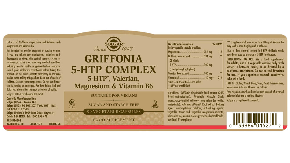 Solgar 5-HTP 100 mg, 90 Vegetable Capsules - Promotes Relaxation - Positive Mood & Stress Support - Non-GMO, Vegan, Gluten Free, Dairy Free, Kosher, Halal - 90 Servings