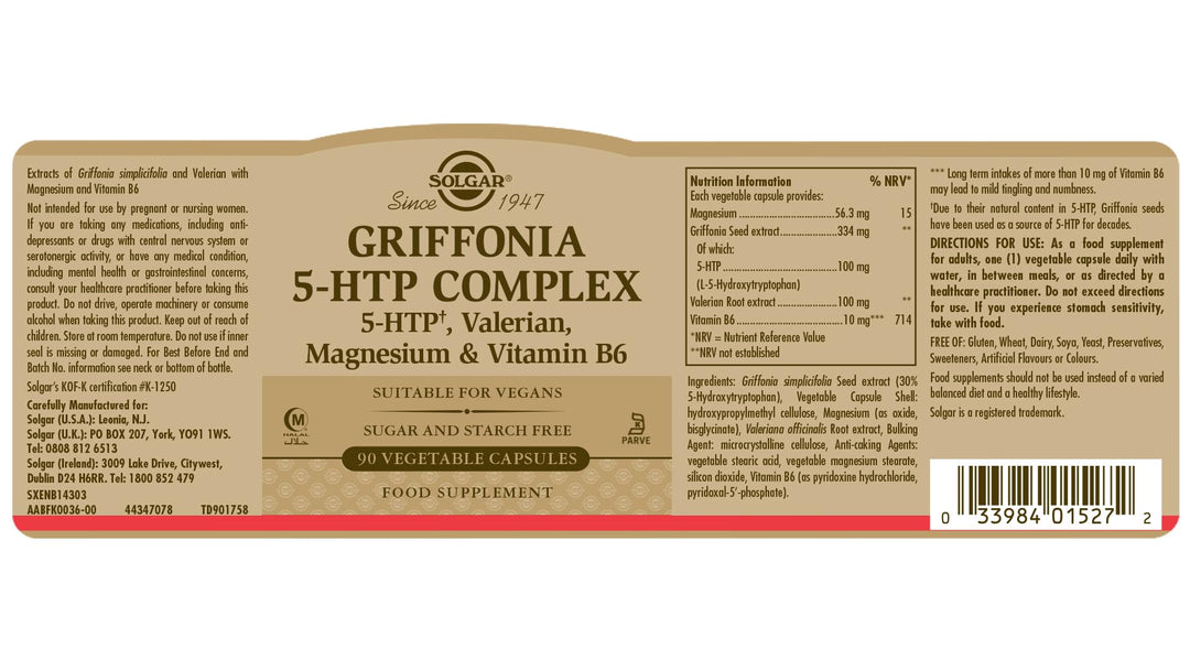 Solgar 5-HTP 100 mg, 90 Vegetable Capsules - Promotes Relaxation - Positive Mood & Stress Support - Non-GMO, Vegan, Gluten Free, Dairy Free, Kosher, Halal - 90 Servings