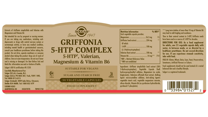 Solgar 5-HTP 100 mg, 90 Vegetable Capsules - Promotes Relaxation - Positive Mood & Stress Support - Non-GMO, Vegan, Gluten Free, Dairy Free, Kosher, Halal - 90 Servings