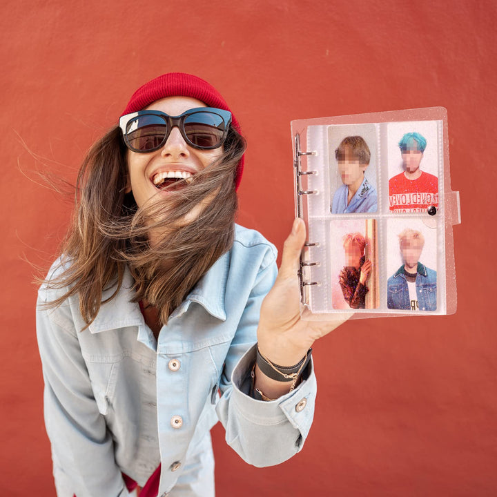 3 Inch 200 Pockets Photocard Binder Kpop Portable Photo Album Transparent Plus 5 Inch 40 Pockets Photo Pages Jelly 6 Ring Binder Cover for Albums Business Cards Postcards Picture Storage (Pink)