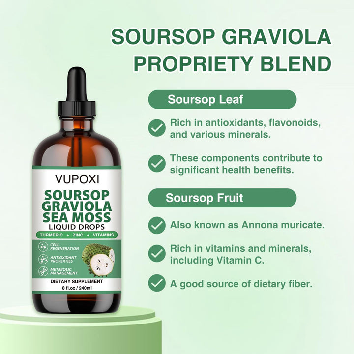Soursop Multivitamin Liquid Drops Cell Support & Regeneration, Immune Boost,Dietary Fiber and Sleep, Organic Soursop Extract-Sugar Free, Non-GMO, 100% Vegan, Gluten-Free-8 Fl Oz/240 ML
