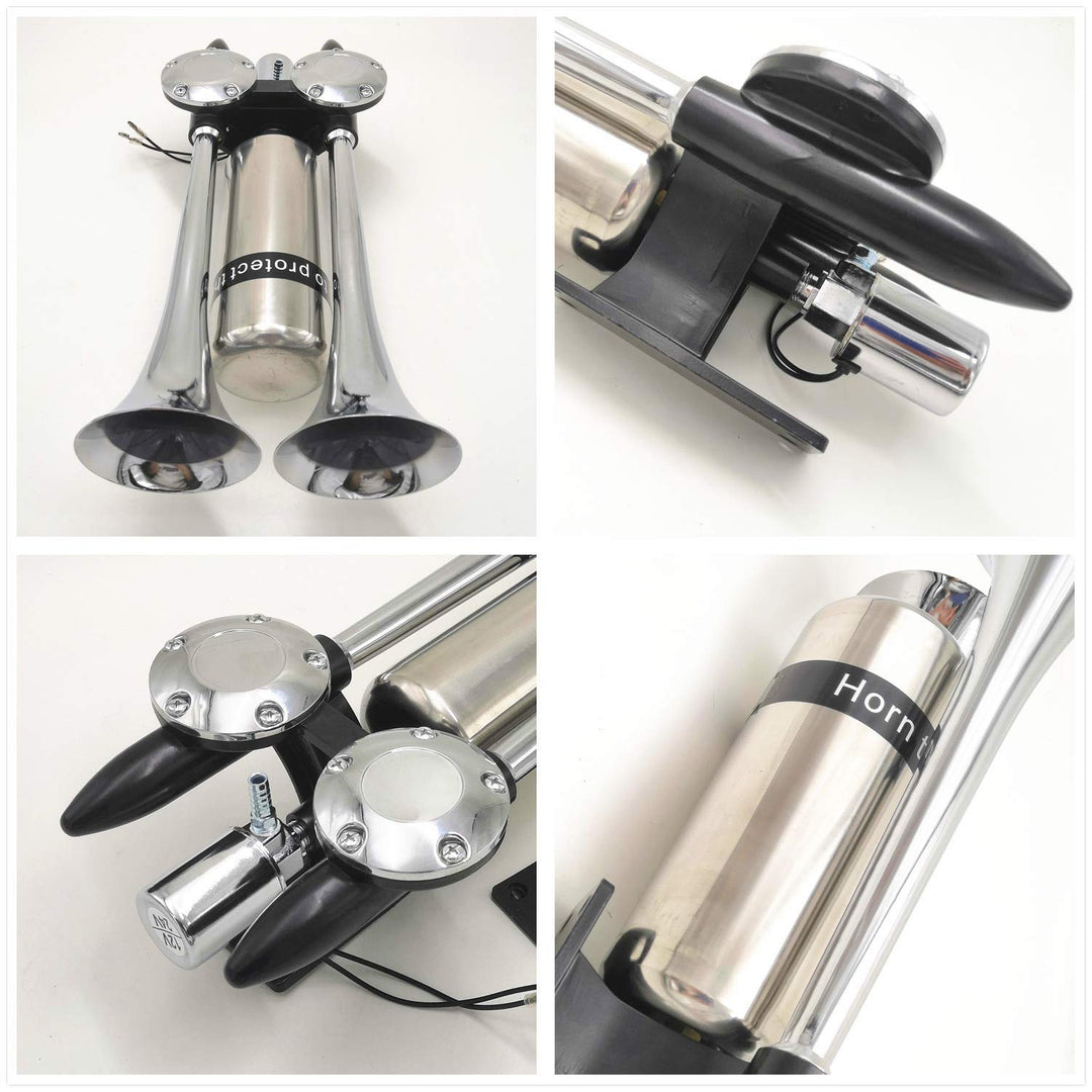Car Horn Ship Horn Prolong the sound Air Horn Loudspeaker Horn Silver Double Tube Truck Horn Metal Super Loud with Stainless Steel Air Tank Suitable for 12v 24v Train Ship Car Moto Truck ect