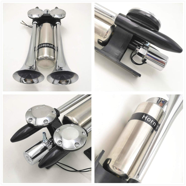 Car Horn Ship Horn Prolong the sound Air Horn Loudspeaker Horn Silver Double Tube Truck Horn Metal Super Loud with Stainless Steel Air Tank Suitable for 12v 24v Train Ship Car Moto Truck ect