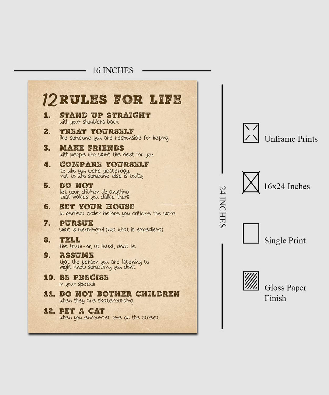 Picofyou 12 Rules for Life Motivational Poster - Jordan Peterson Inspirational Wall Art for Bedroom, Office, Home, Gym Decor Print - 16x24 Inch Unframed, 16 x 24 Inch