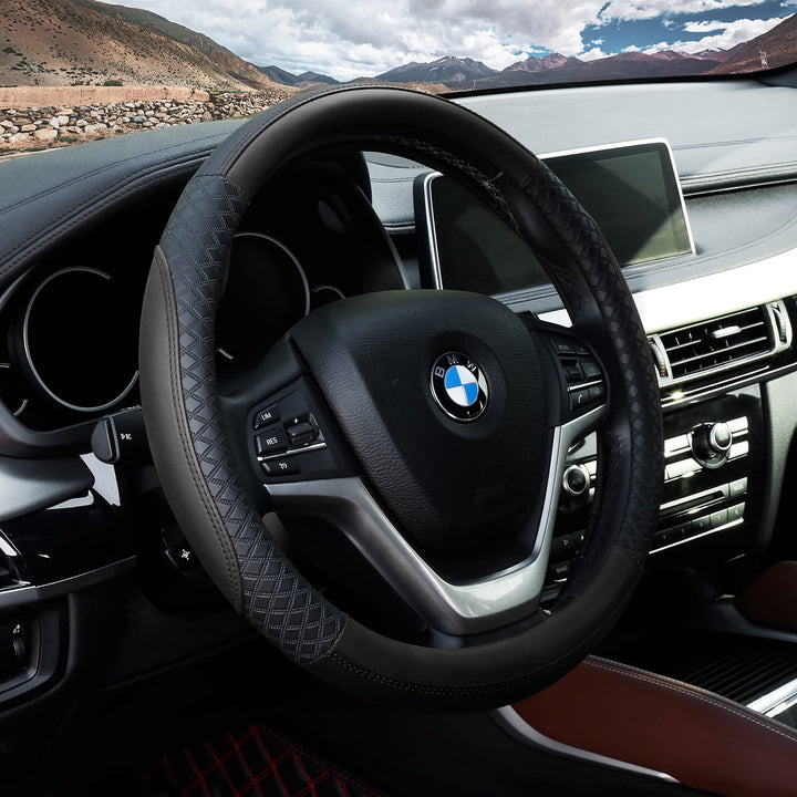Leather Steering Wheel Cover Universal 15 inch Auto Car Steering Wheel Covers for Men Women with Anti-Slip Embossing Soft and Comfortable