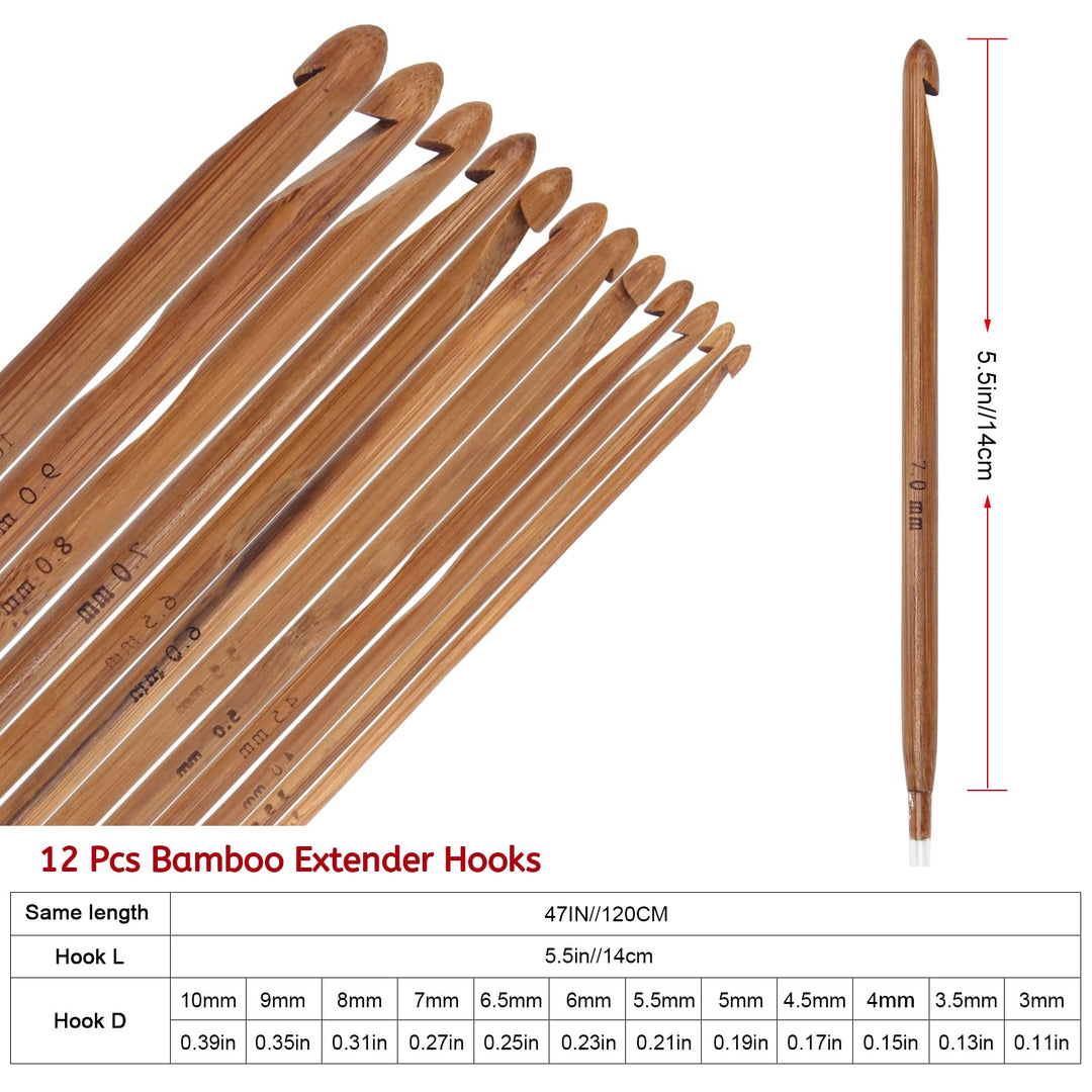 Tunisian Crochet Hooks Set 23 Pcs, 12P 3-10mm Bamboo Knitting Needle with Extend Braided Tube, Anti-Slip Bead Bamboo Crochet Hook 11P 2-8mm Aluminum Crochet Hook Needle Hook Sets (Transparent)
