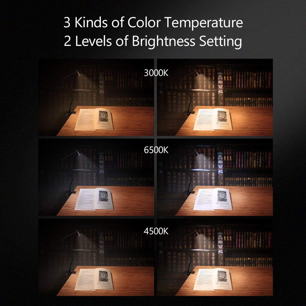 Clamp Desk Lamp, Clip on Reading Light, 3000-6500K Adjustable Color Temperature, 6 Illumination Modes, 10 Led Beads (Black)