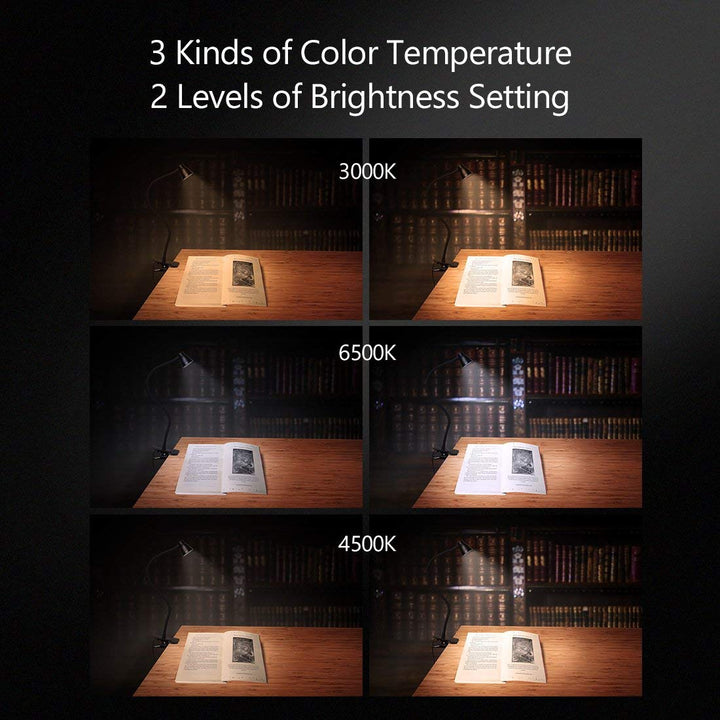 Clamp Desk Lamp, Clip on Reading Light, 3000-6500K Adjustable Color Temperature, 6 Illumination Modes, 10 Led Beads (Black)