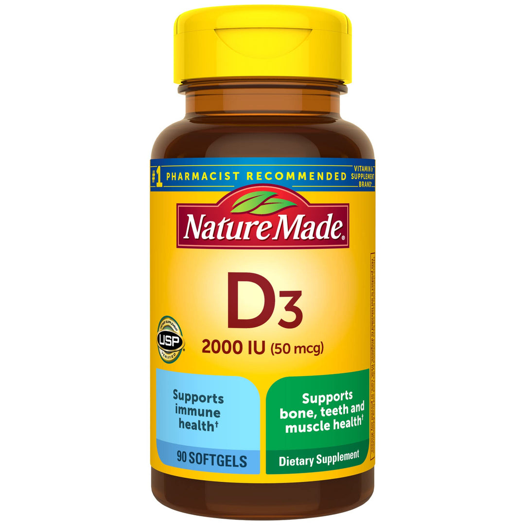 Vitamin D3 2000 IU (50 mcg), Dietary Supplement for Bone, Teeth, Muscle and Immune Health Support, 90 Softgels, 90 Day Supply