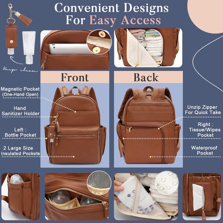 Diaper Bag, Diaper Bag Backpack, Baby Diaper Bag, Leather Diaper Bag Backpack with Changing Pad & Stroller Strap,Multi-function Large Capacity & Waterproof Travel Backpack, Brown