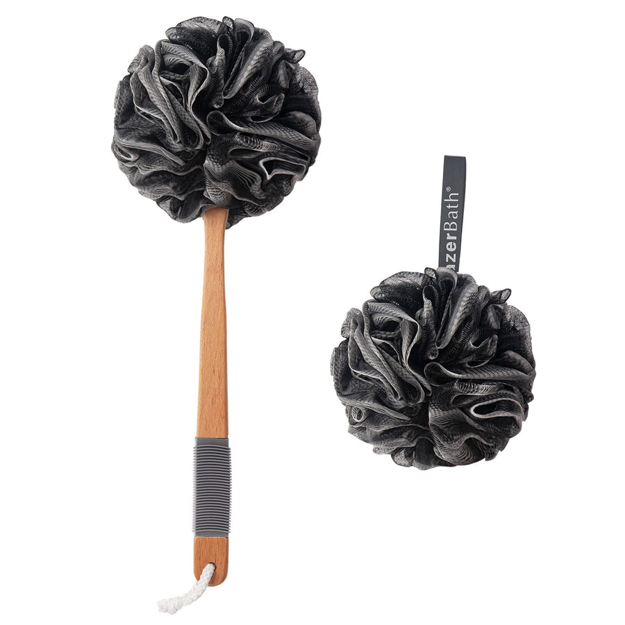 Shower Sponge Loofah Back Scrubber, PE Soft Mesh Loofah Body Scrubber with Long Wooden Handle, Bath Sponge for Men Women (Black)