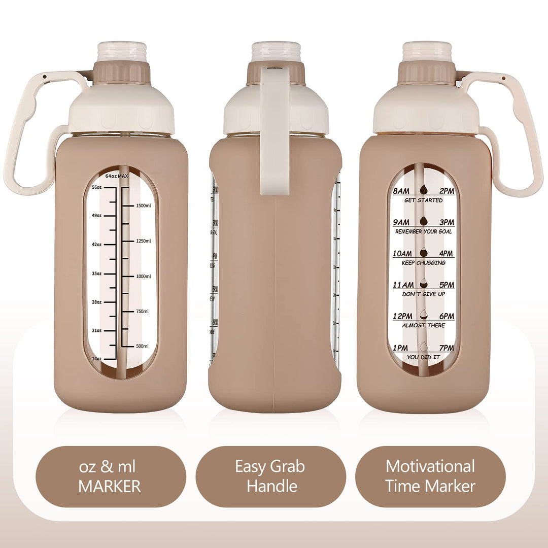 56oz Glass Water Bottle with Straw, Motivational Water Bottle with Silicone Sleeves and Handle,Leakproof BPA Free Wide Mouth Water Jug for Gym,Working,Outdoor,Amber