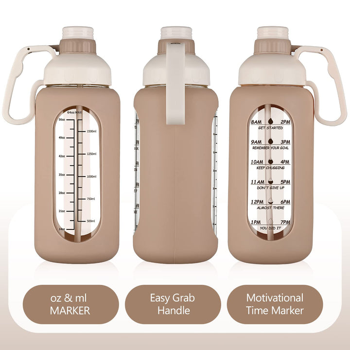 56oz Glass Water Bottle with Straw, Motivational Water Bottle with Silicone Sleeves and Handle,Leakproof BPA Free Wide Mouth Water Jug for Gym,Working,Outdoor,Amber