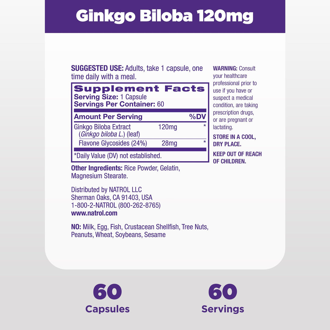 Brain Health Ginkgo Biloba 120mg, Dietary Supplement for Brain Health and Memory Support, 60 Capsules, 60 Day Supply