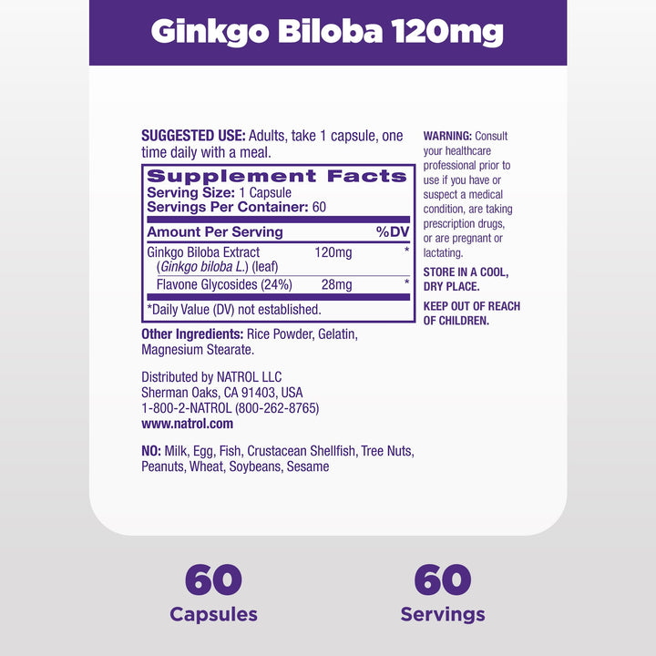 Brain Health Ginkgo Biloba 120mg, Dietary Supplement for Brain Health and Memory Support, 60 Capsules, 60 Day Supply