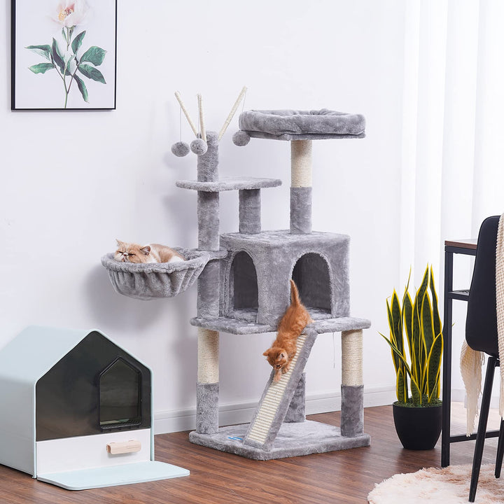 Cat Tree 46inch Cat Condo with Sisal Scratching Posts,Multi-Level Cat Tower with Scratching Board,Basket,Removable Fur Ball Sticks,Light Grey MPJ015W