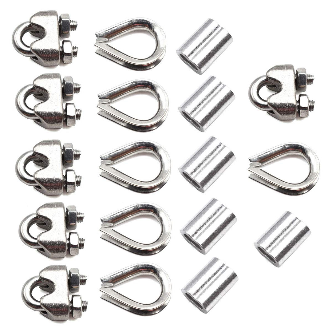 304 Stainless Steel Wire Rope Accessory Set M3 Cable Clamp Silver Thimble and Aluminum Crimping Loop for 1/8 Inch Wire Rope Cable Thimbles Rigging