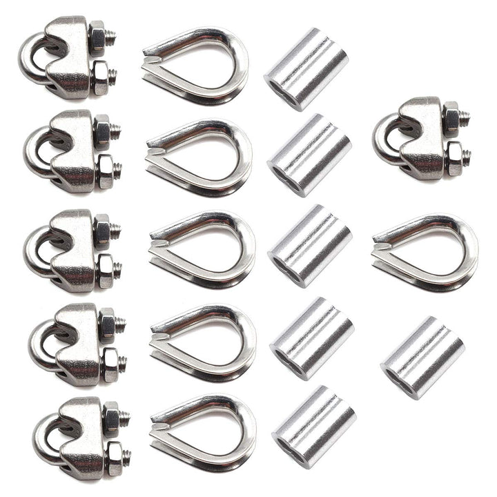 304 Stainless Steel Wire Rope Accessory Set M3 Cable Clamp Silver Thimble and Aluminum Crimping Loop for 1/8 Inch Wire Rope Cable Thimbles Rigging
