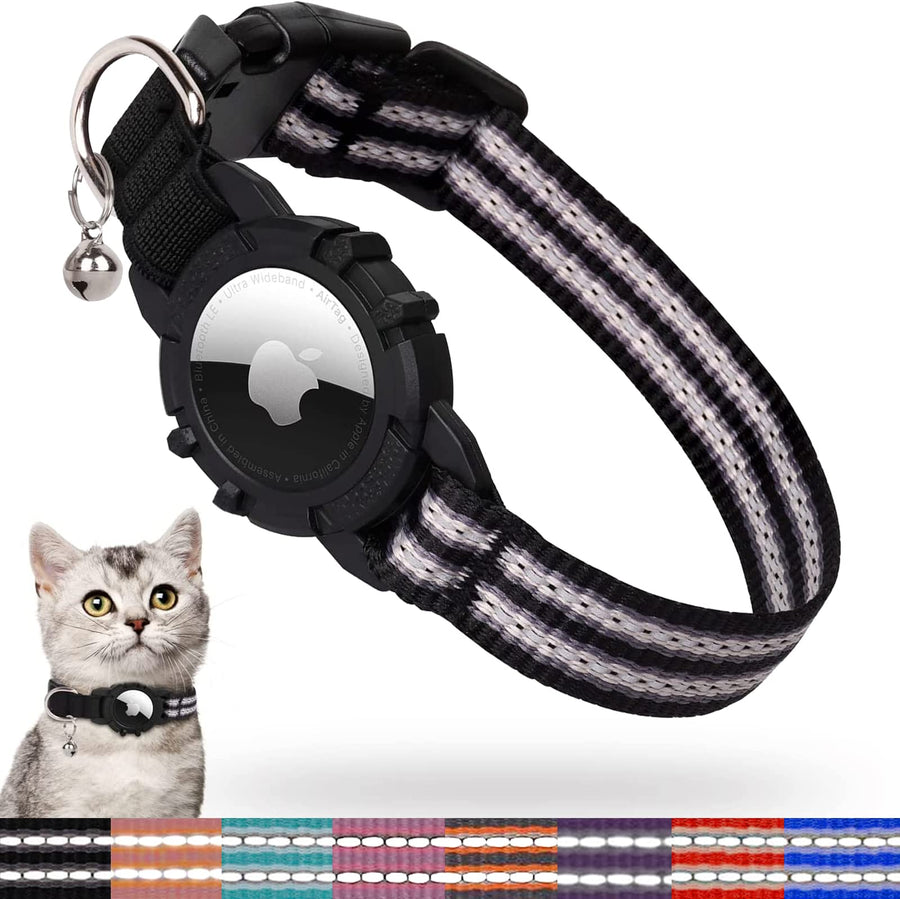 Airtag Cat Collar, Reflective Airtag Cat Collar with Bell and Silicone Waterproof Airtag Holder Case Compatible with Apple Airtag (7-9 Inch, Black)