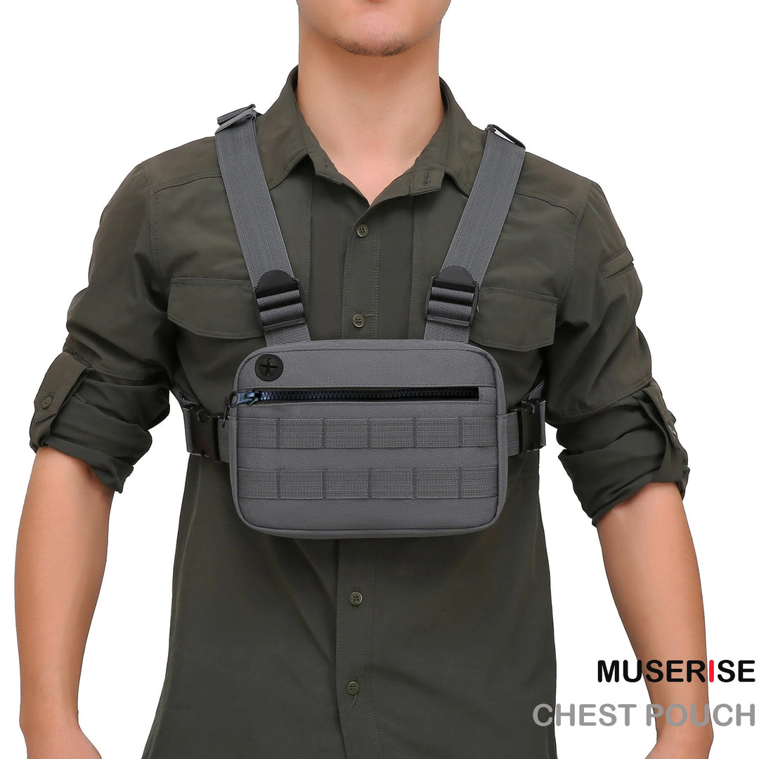 Outdoor Water Resistant Chest Bag For Men,Tactical EDC Chest Pack With Built-In Phone Holder, Lightweight Utility Chest Rig Pouch For Workouts, Running,Cycling,Hiking (M, Grey)