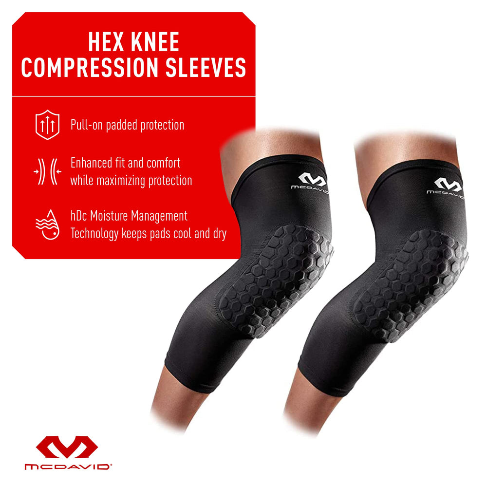 Hex Knee Compression Sleeves, Pull-On Padded Protection, Moisture Wicking (1 Pair)