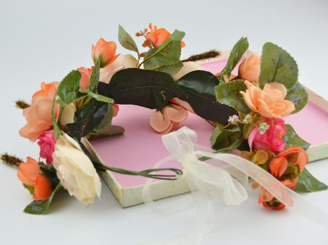 Rose Flower Crown Boho Flower Headband Hair Wreath Floral Headpiece Halo with Ribbon Wedding Party Festival Photos Orange