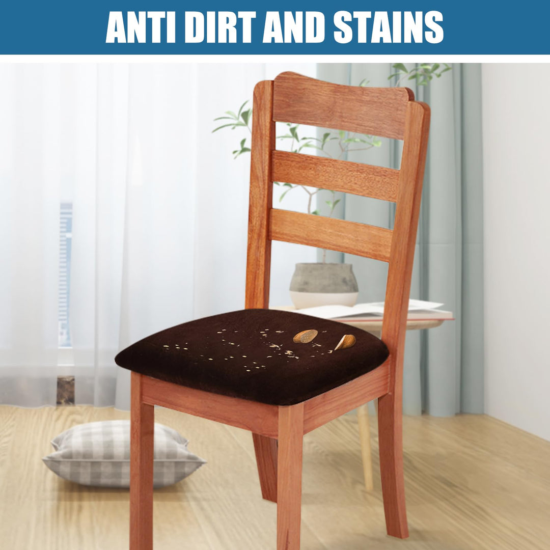 Velvet Seat Covers for Dining Room Chair Set of 6, Stretch Fit Removable Washable Chair Seat Cushion Protector Slipcovers with Ties, Coffee