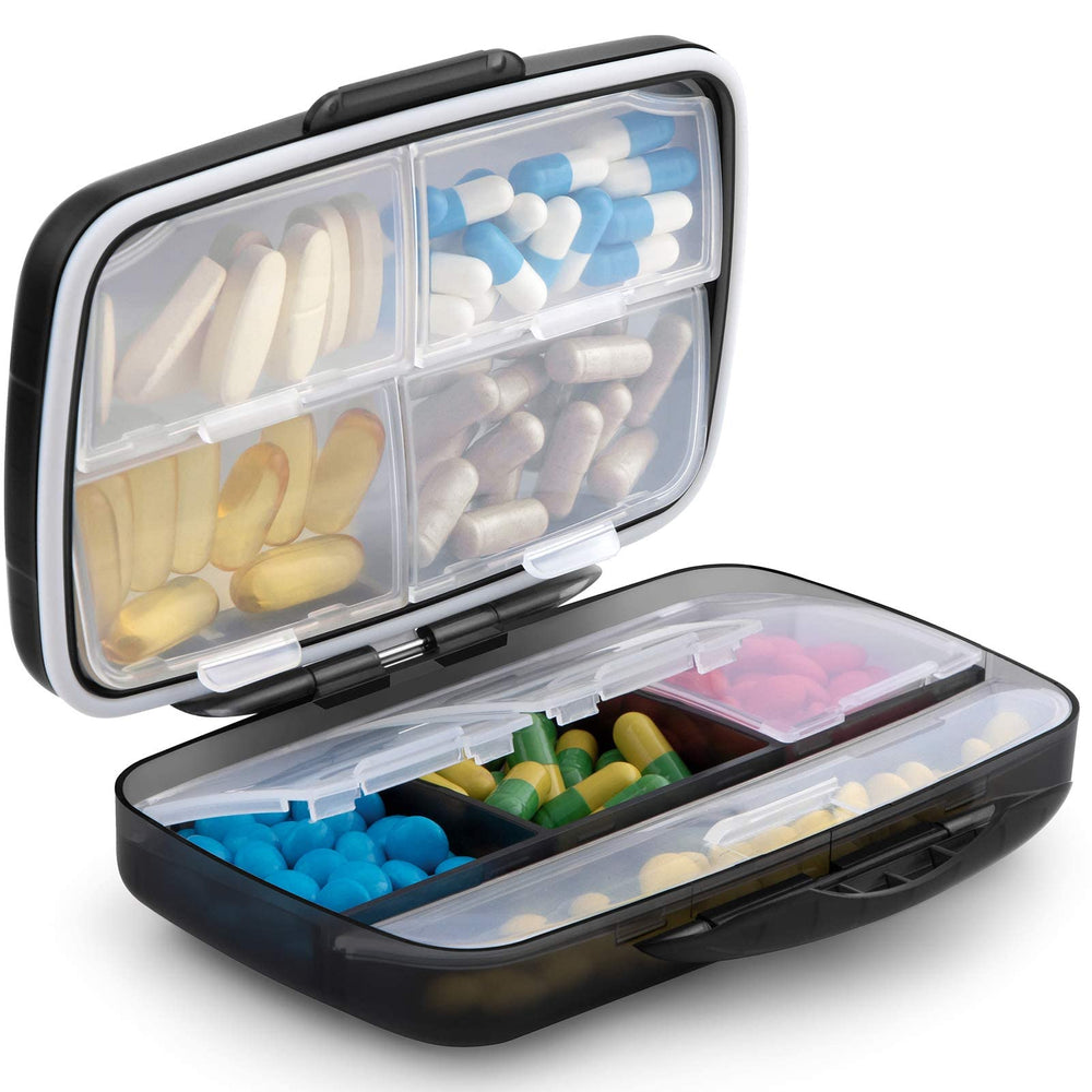 Travel Pill Organizer Large Portable Medication Oversize 8 Compartment Pill Box, Vitamin Travel Case Pill Holder - Airtight & Moistureproof (Black)